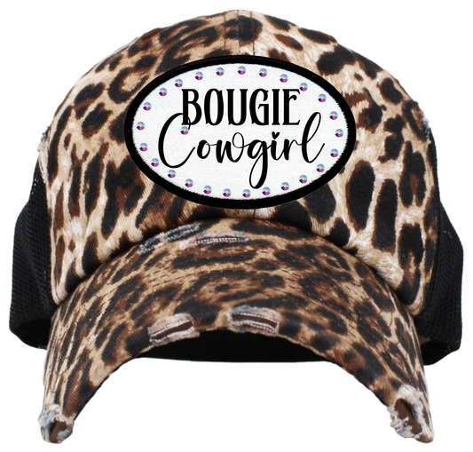 Bougie Cowgirl Blingy Rhinestone Patch Caps  - Leopard Trucker