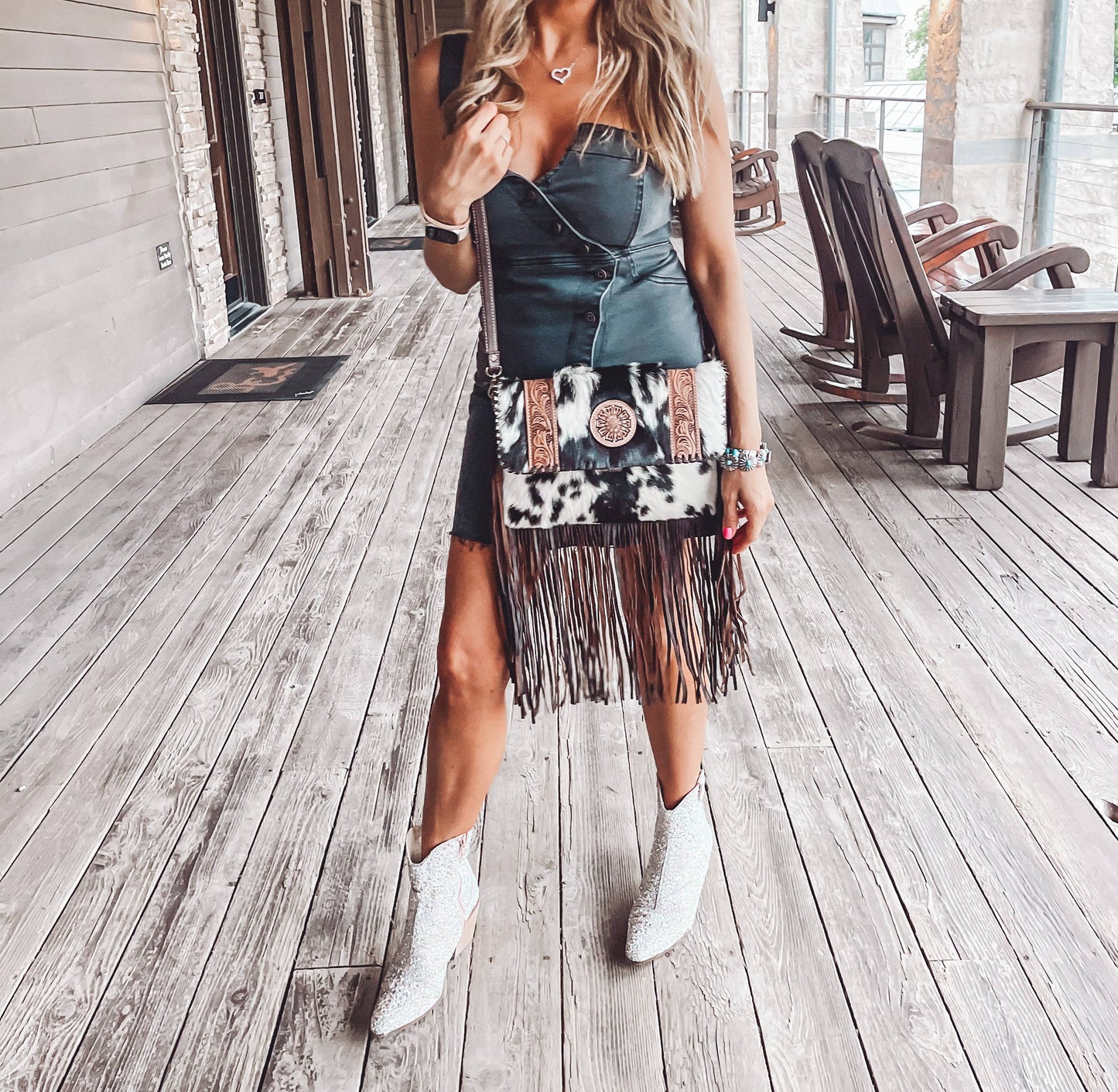Boho Ranch Shop - THE REGINA CROSSBODY cowhide purse bag - BLACK LEATHER