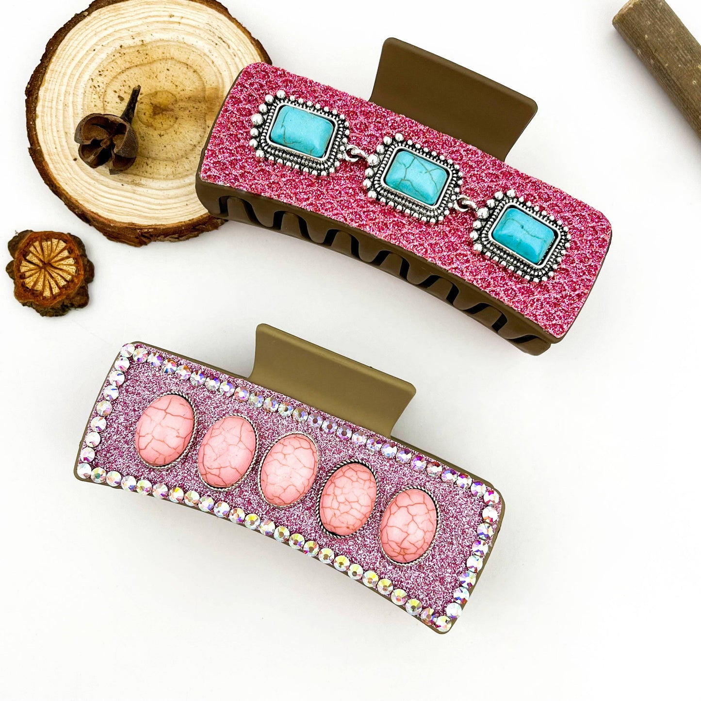 mildstyles - Boho Turquoise Pink Leather Rectangle Hair Claw Clip - B