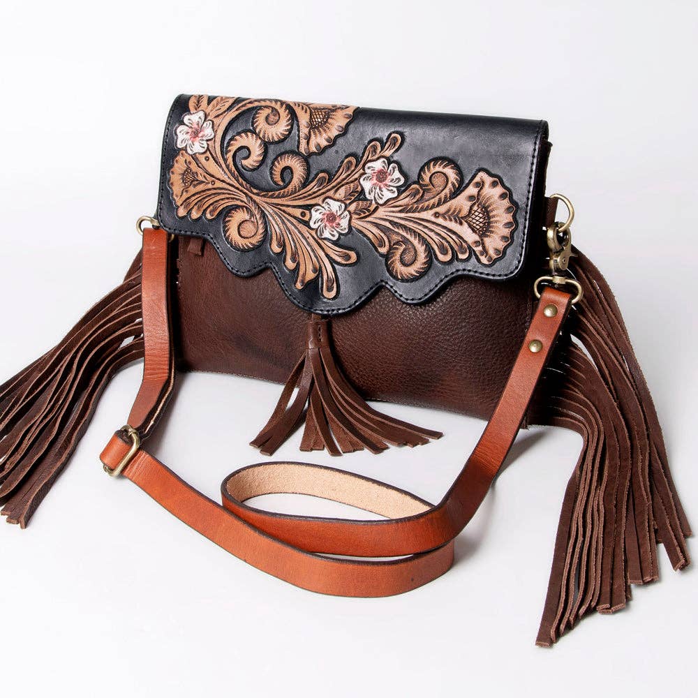 American Darling Hand Tooled Floral Carved Genuine Leather Messenger Bag