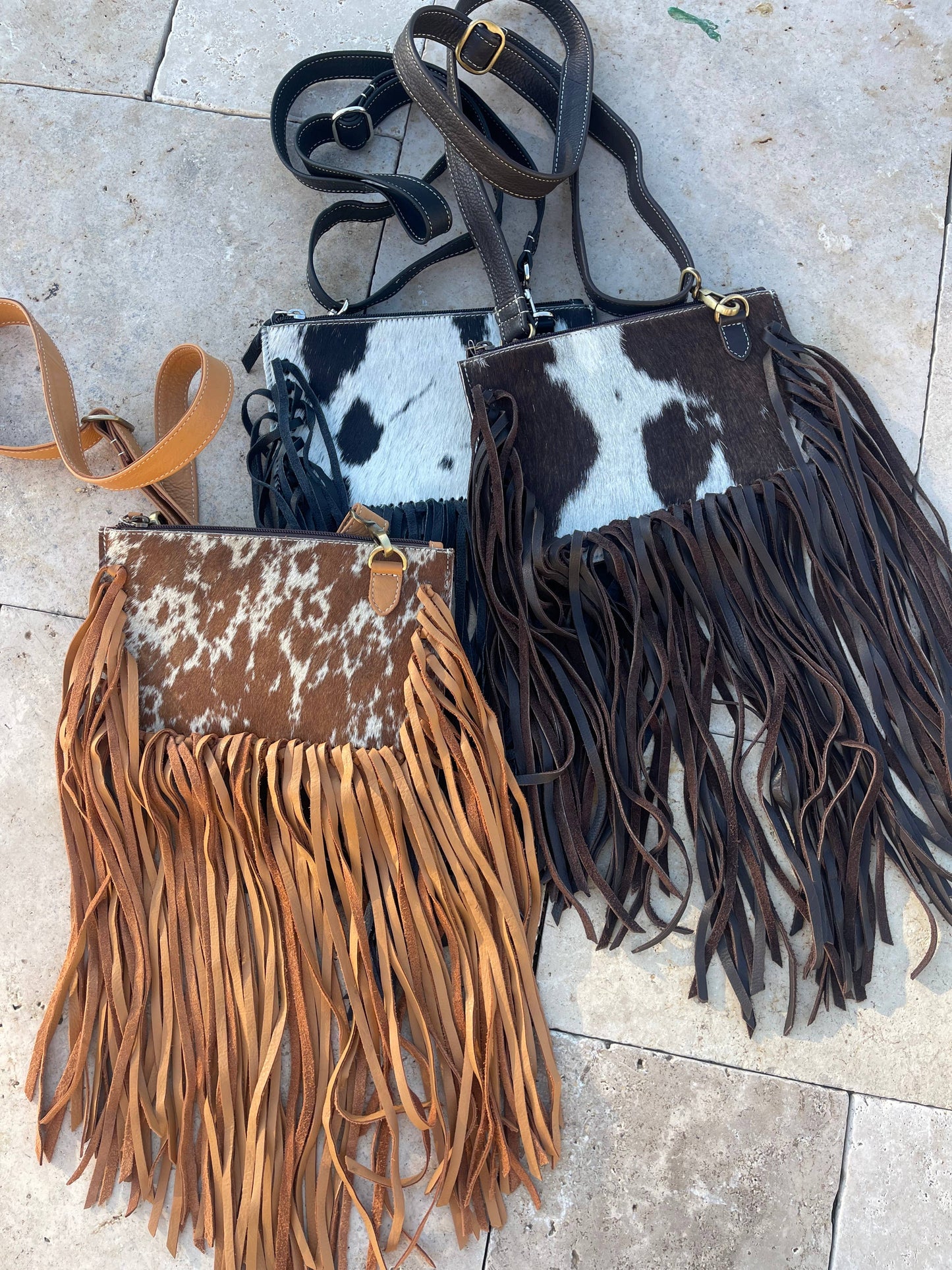 Boho Ranch Shop - THE JESSE CROSSBODY cowhide fringe tassel purse bag - TAN LEATHER