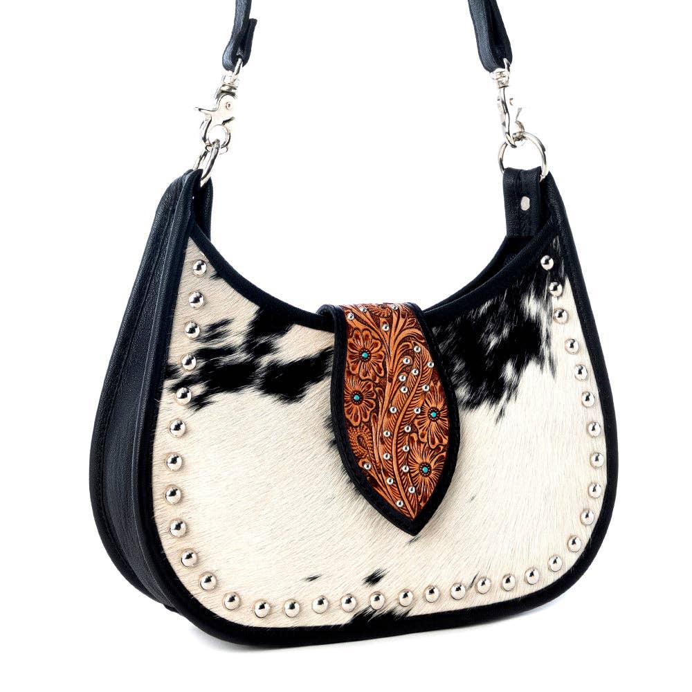 Myra Bag - Santa Fe Handtooled Bag for Women in Black with hairon and studded detail - Black