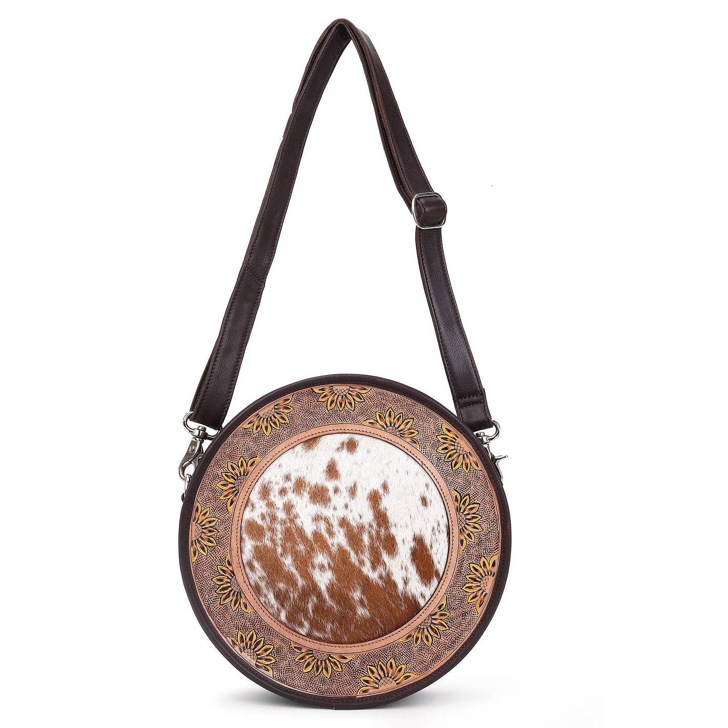 Leather Cowhide Western Hand Tooled Women's Round Crossbody - Free Bird Hand Tooled with Tan White Cowhide Inlay.