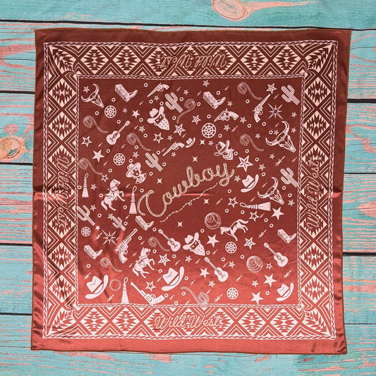 Avery - AVS-900 WESTERN COWBOY ELEMENTS PRINT SILK 36X36 WILD RAG - Rust/Ivory