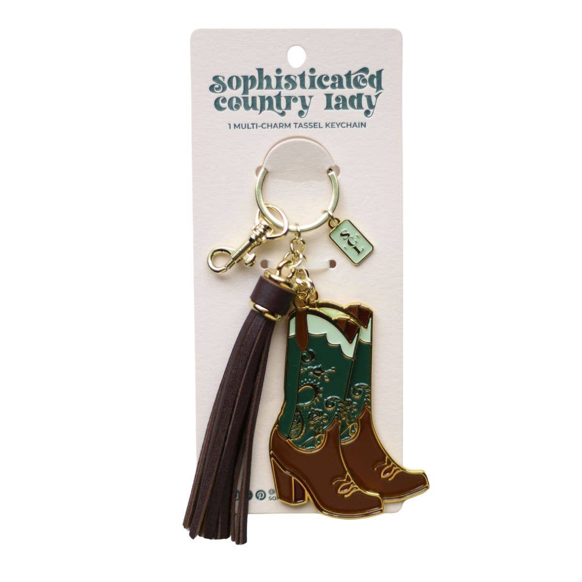 Sophisticated Country Lady - Emerald Paisley Cowgirl Boots Enamel Keychain Bag Charm - Hanging Card