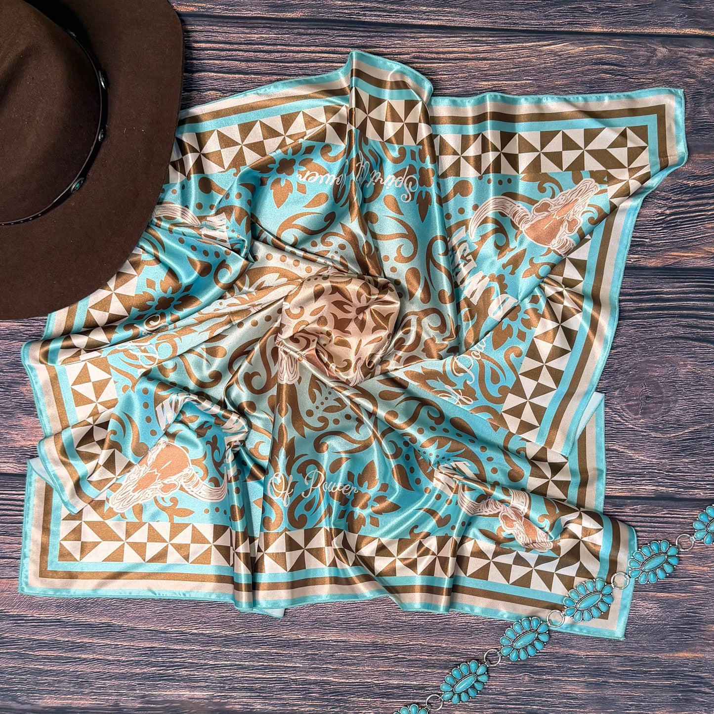 PAILSEY WILD WEST PRINT SILK SCARF 36X36 - Khaki/Jade