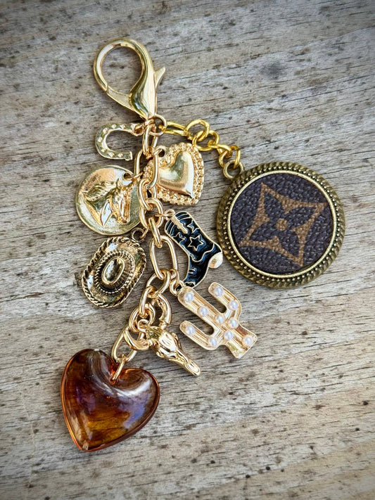 Upcycled LV Bag Charm Keychain Western Heart 