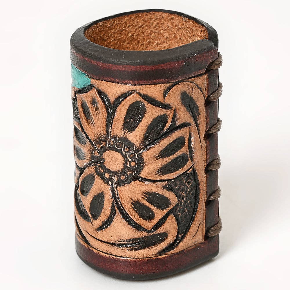 LS Western - Hand Tooled Leather Scarf Ring Vegetable-Tanned Scarf Slide - ADSRG104D