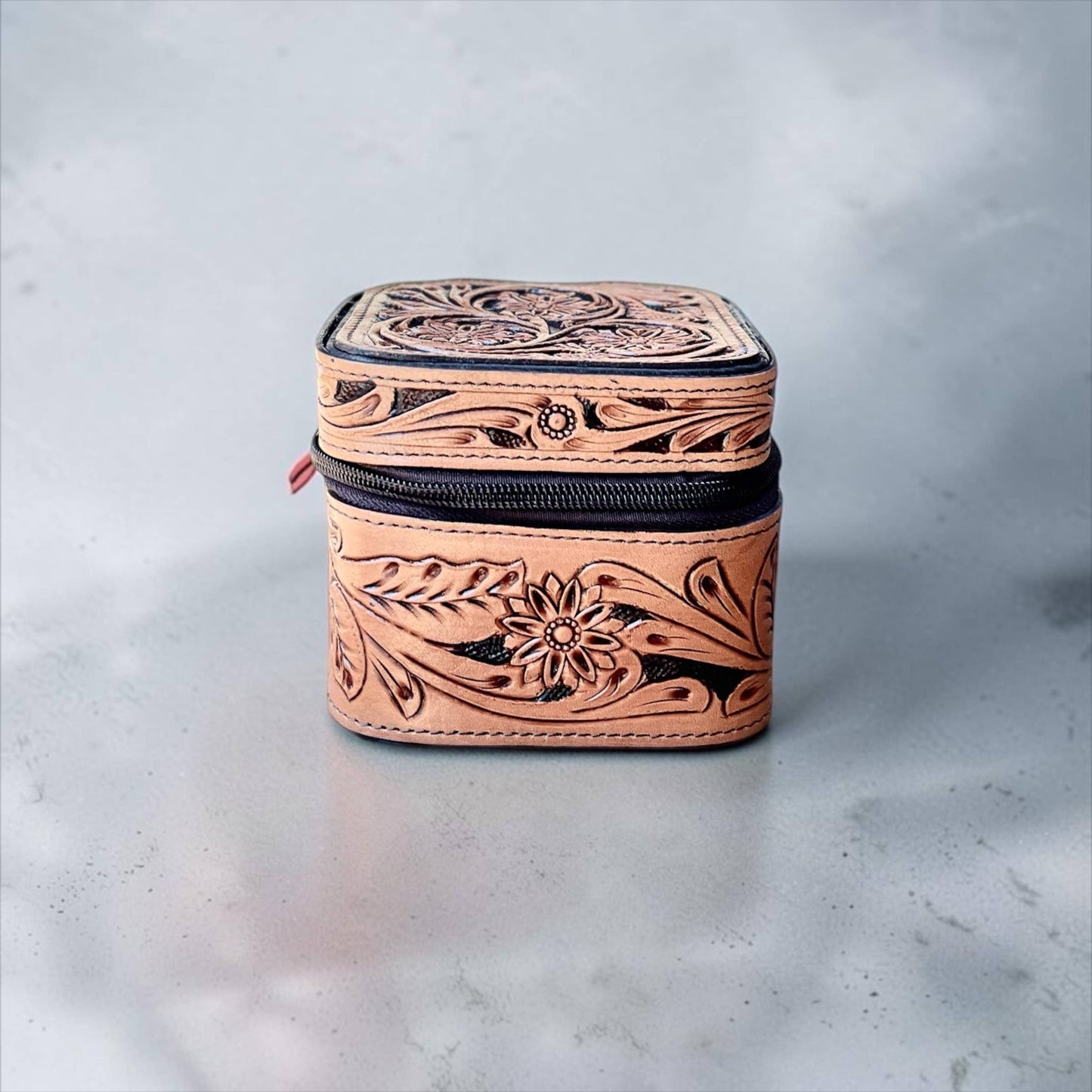 Tan small tooled leather jewelry box