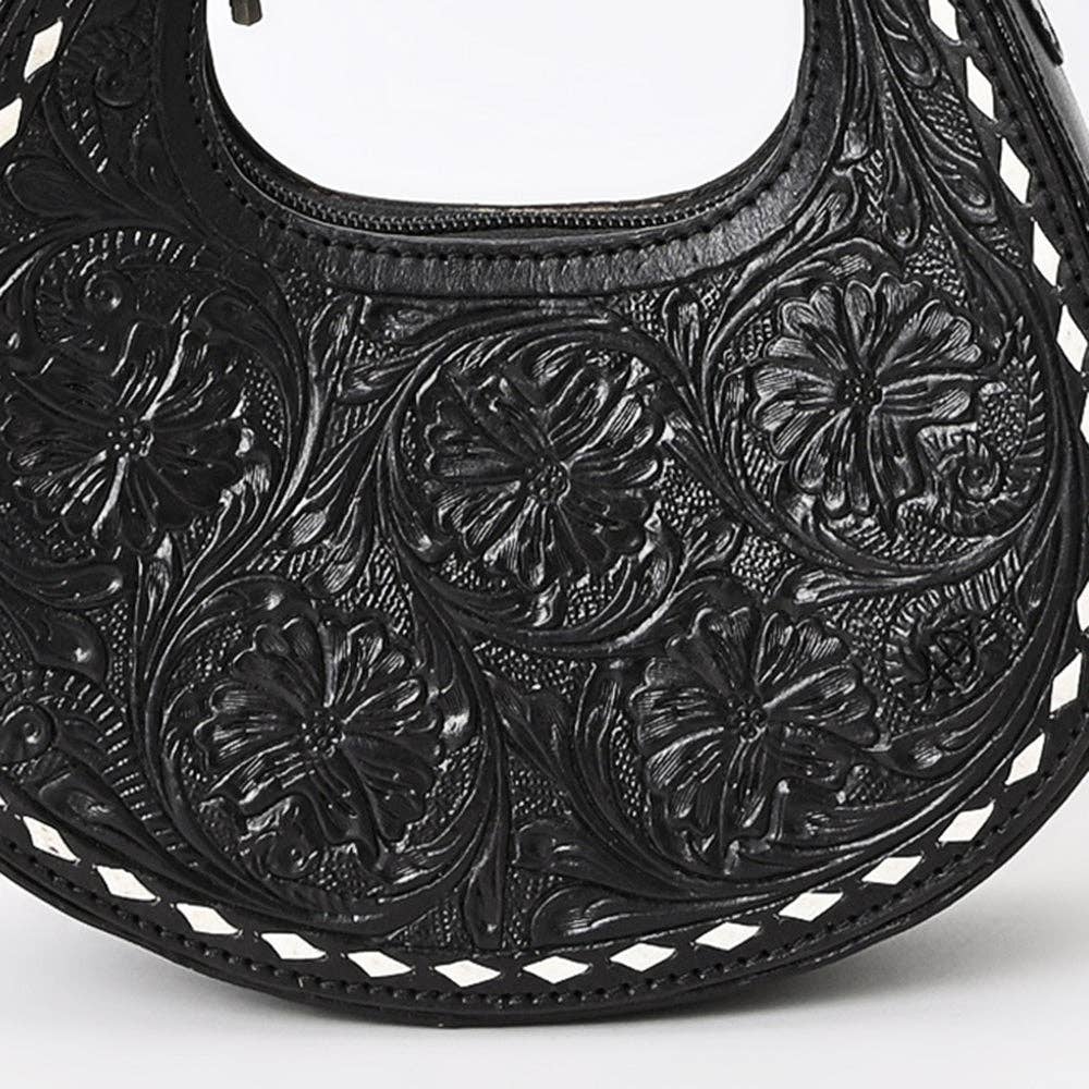 Black Half-Moon Hand-Tooled Leather Crossbody Bag - American Darling