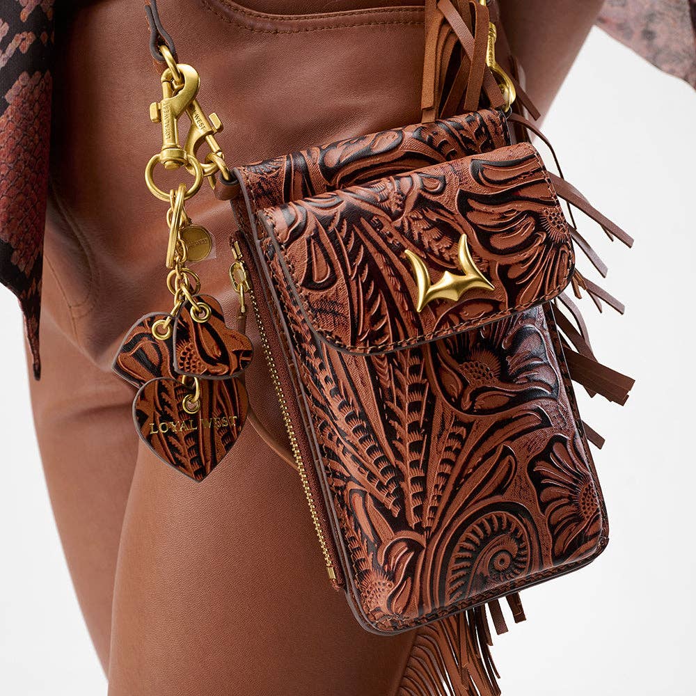 Myra Bag - Loyal West Heart Shape Keychain In Hand Finished Embossed Leather -  Brown - Single