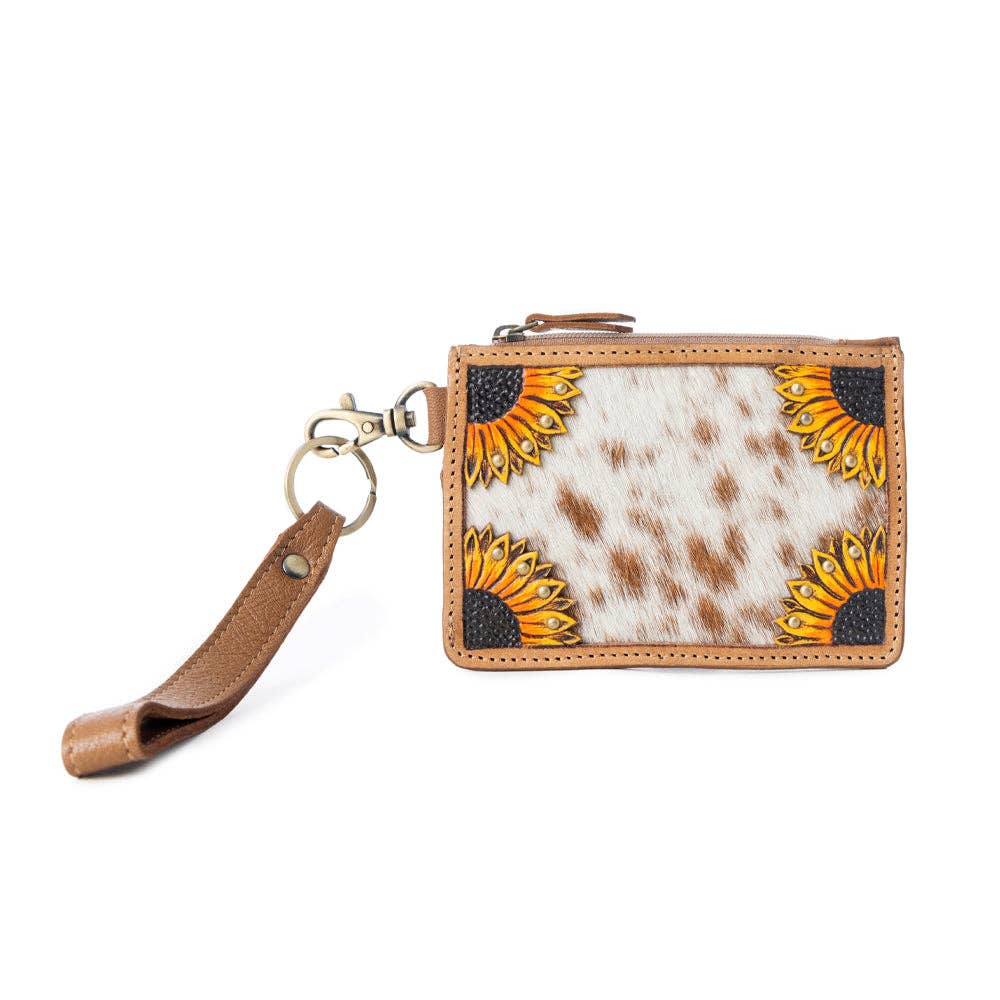 Myra Bag - Hand Hewn Western Card Holder for Women in Light Brown with handtooled detail - Brown & White