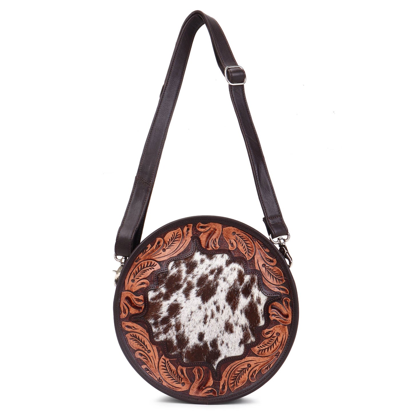 Leather Cowhide Western Hand Tooled Women's Round Crossbody - Free Bird Hand Tooled with Tan White Cowhide Inlay.