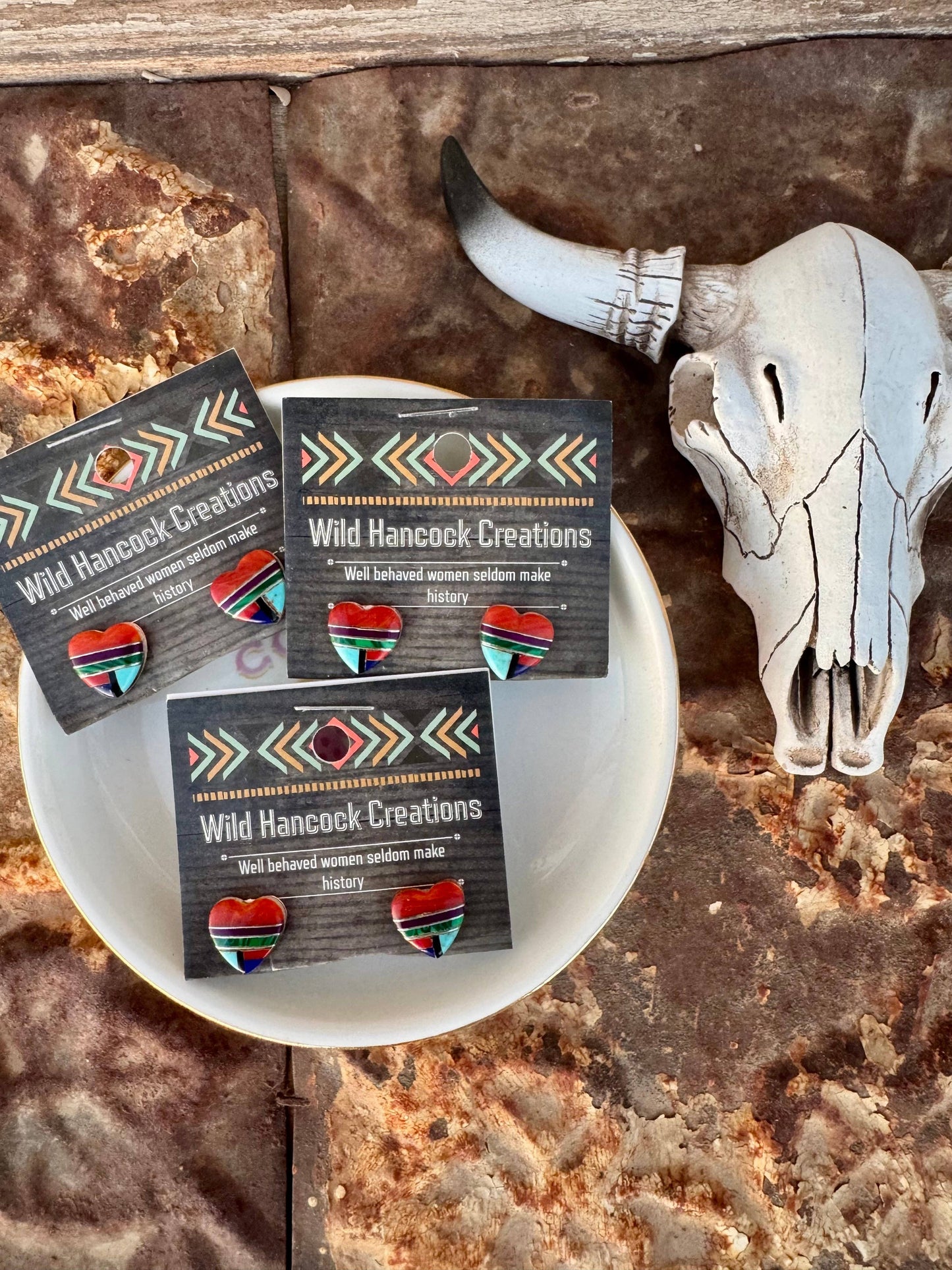 Wild Hancock Creations - Inlay Heart Stud Earrings/Southwestern Stud Earrings/Hearts