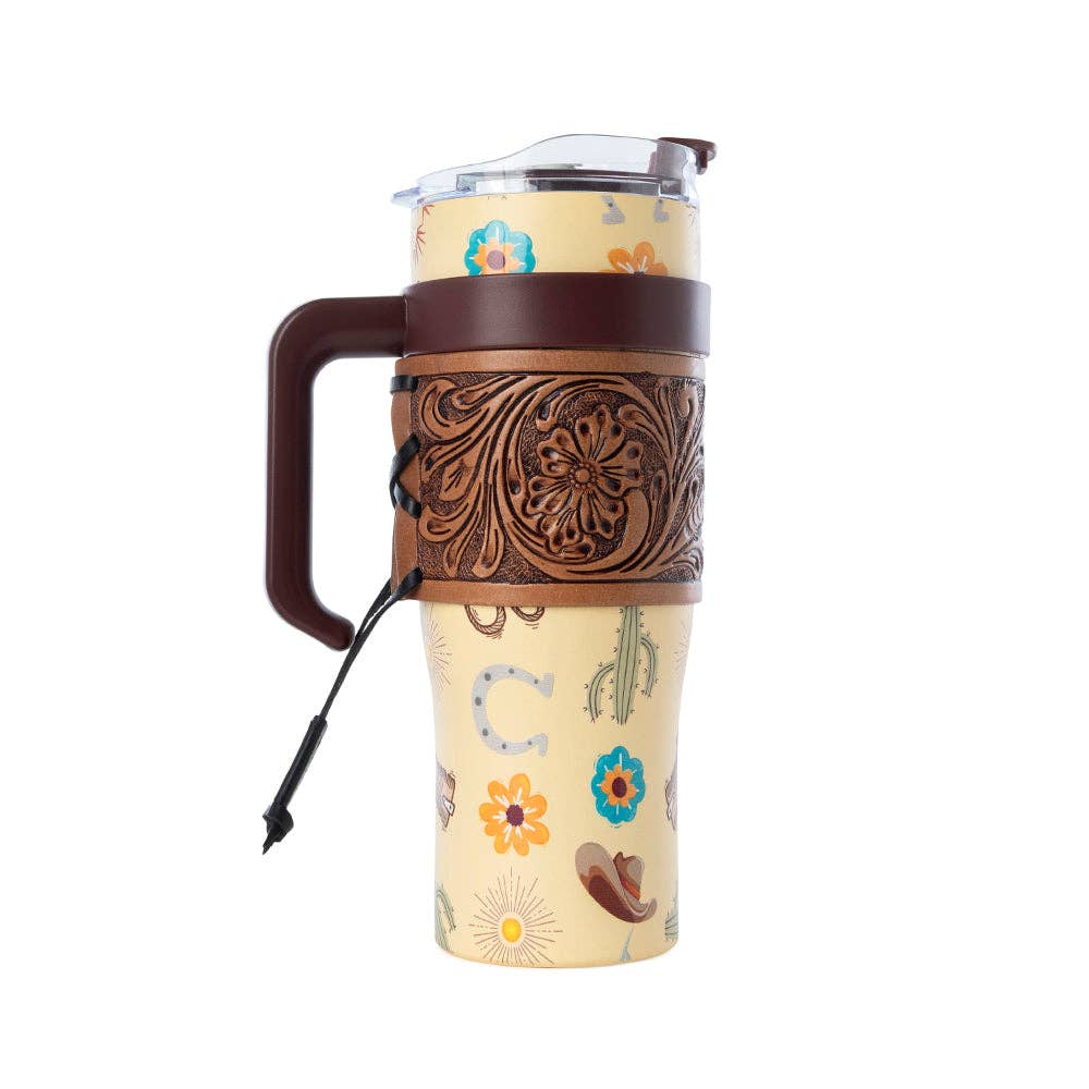 Myra Bag - Trailkissed Western Tumbler in Yellow Stainless Steel with Leather Wrap and Handle for Everyday Use - WITH TOOLING