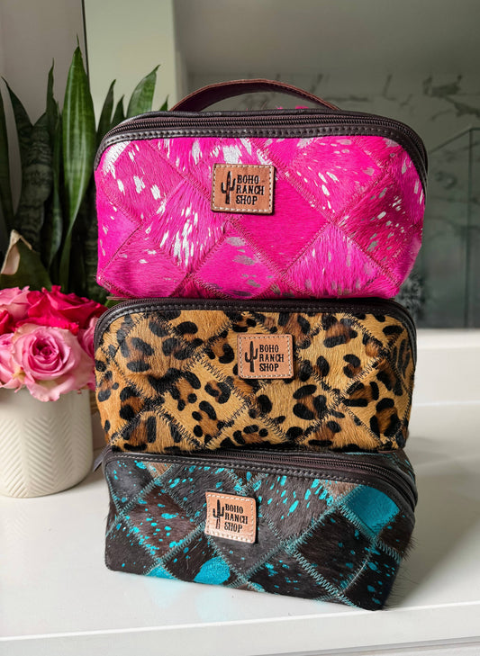 Boho Ranch Shop - Ella Cowhide Makeup Bag Leather Cosmetic Diagonal Opening - DARK BROWN + TURQUOISE SPECS
