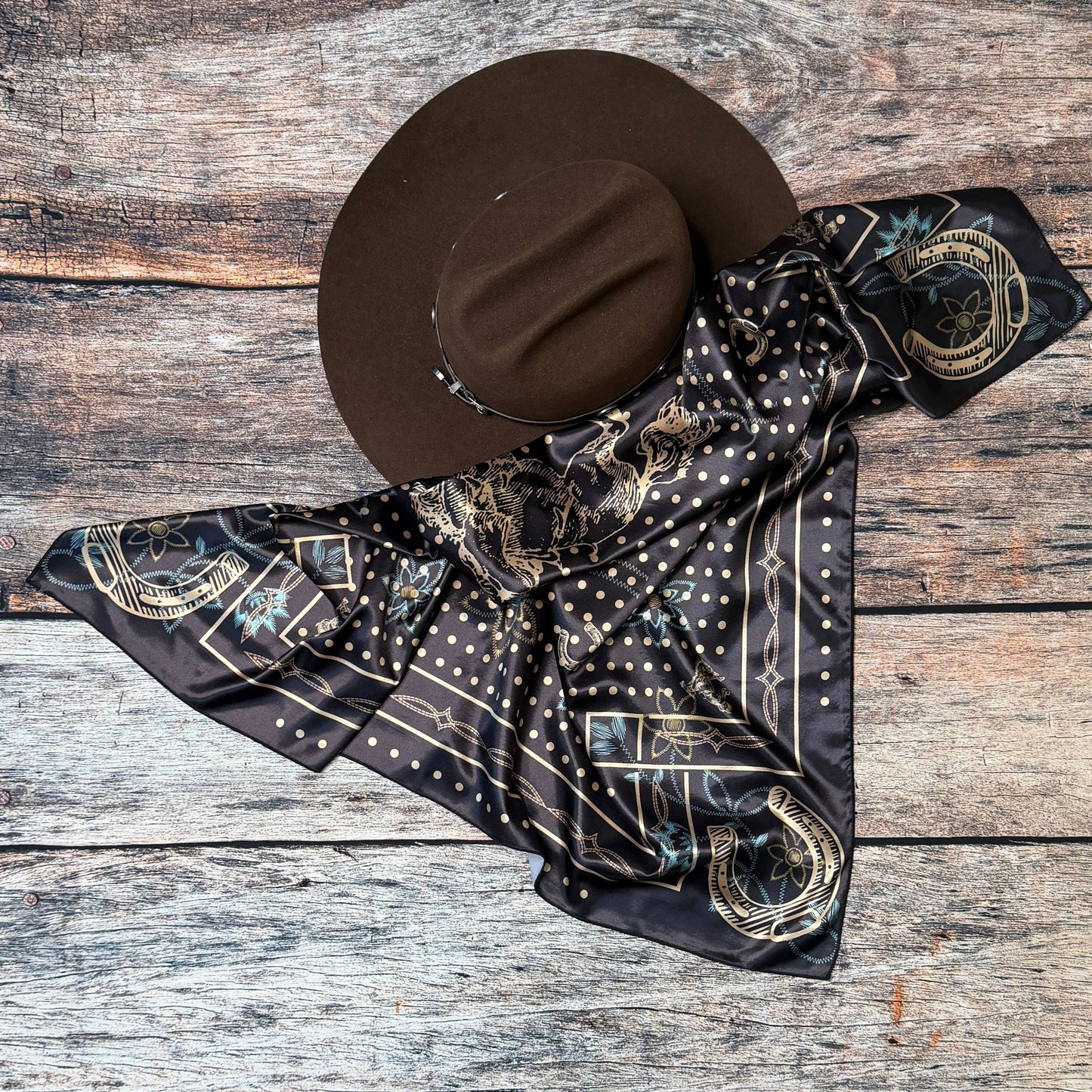 POLKA DOT BRONCO PRINT SILK SCARF 36X36 - Black/Khaki