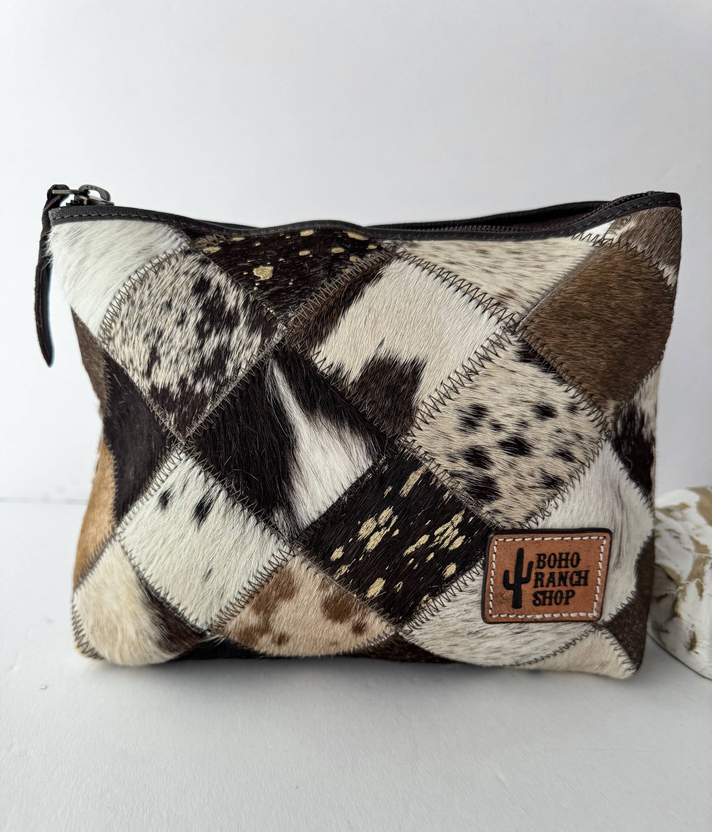 Boho Ranch Shop - Checkered Western Cowhide Makeup Bag Travel - BROWN + TURQUOISE
