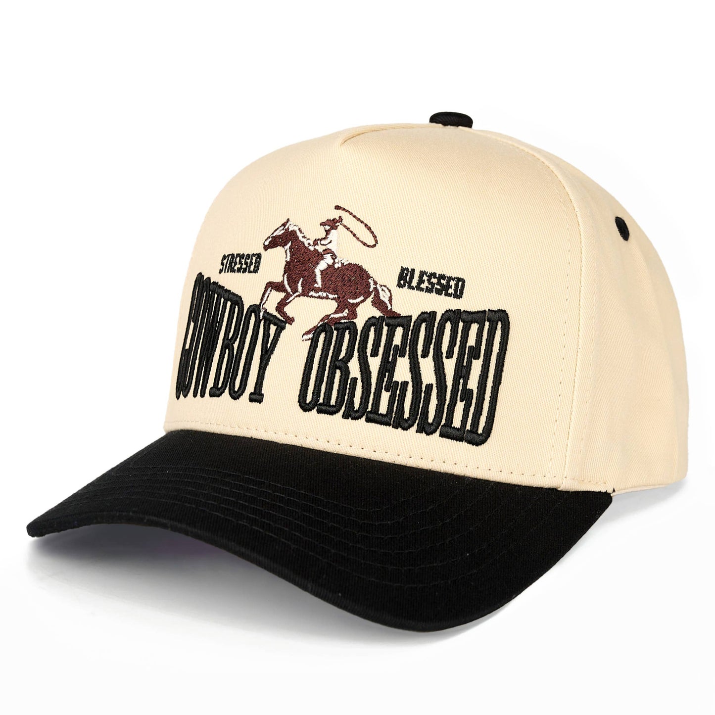 Hana - C.C COWBOY OBSESSED Embroidered Cotton Trucker Cap - Black