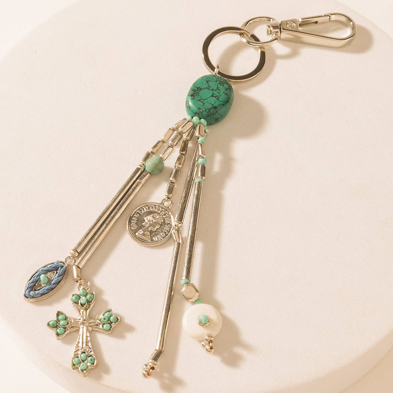 Myra Bag - Blue Oval Charm Keychain in Aqua Silver - Aqua Silver