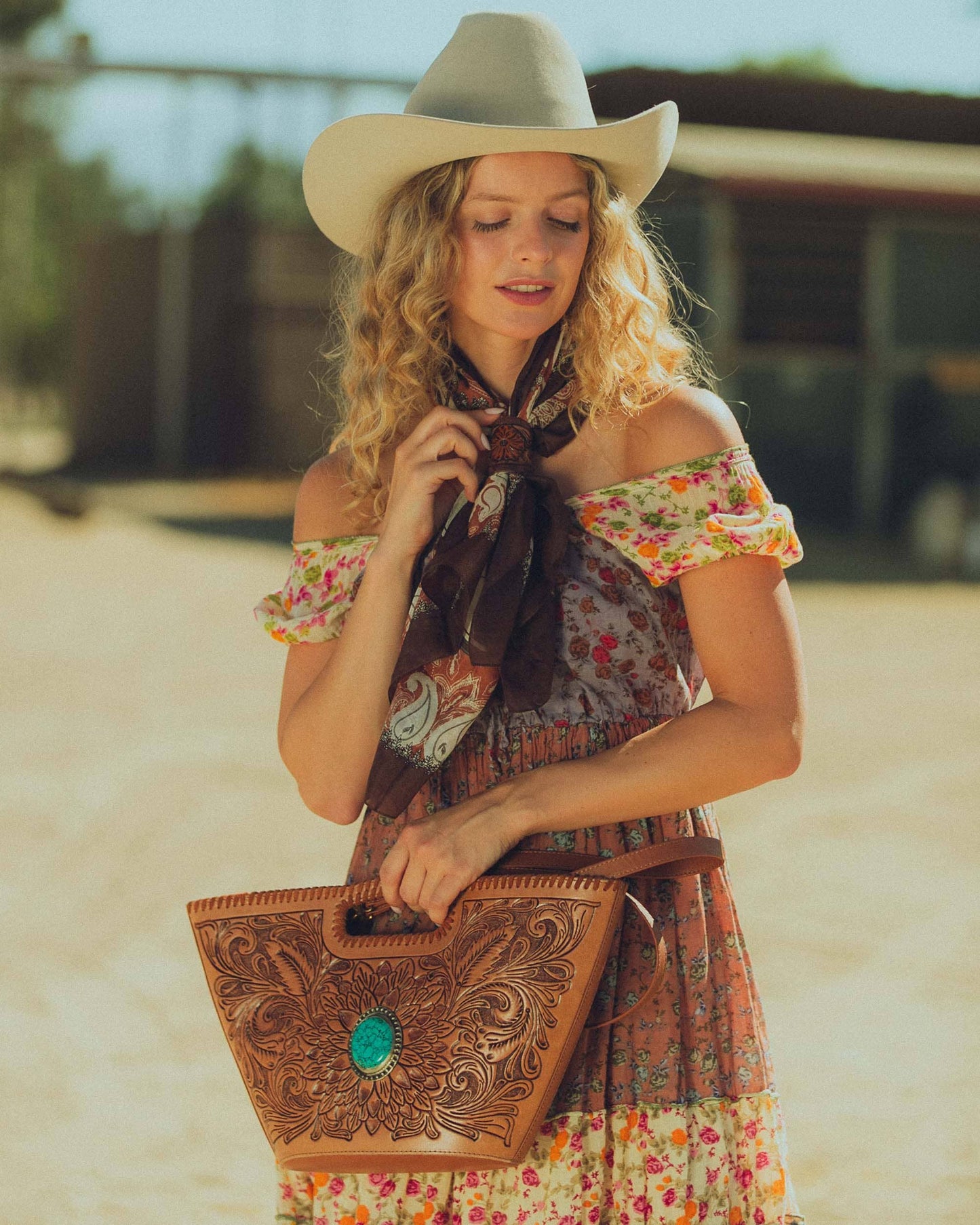 Loyal West - Daylight'S Ballet Silk Scarves With Handtooled Leather Slider - Bone & Saddle