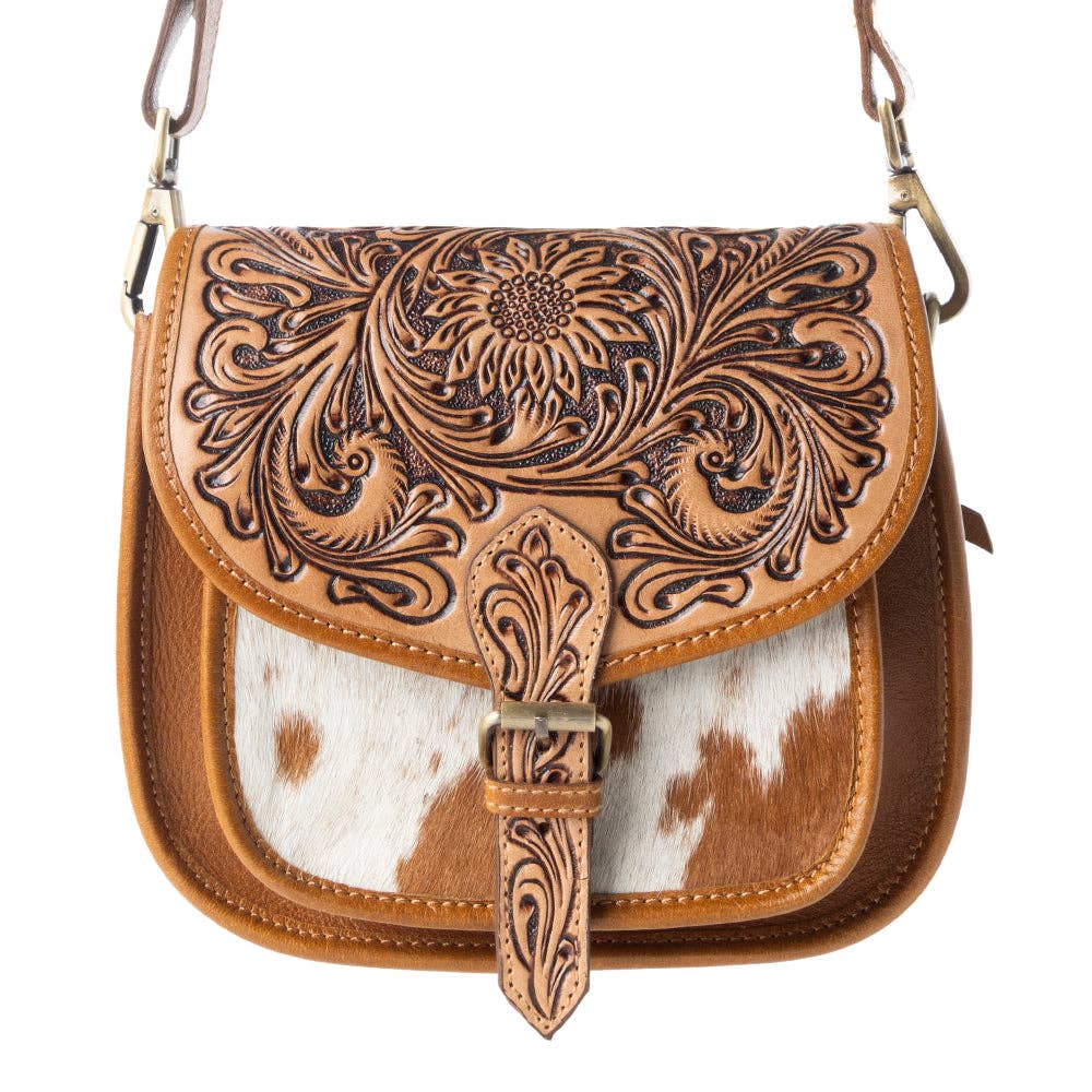 Myra Bag - Goldrush Saddle handtooled Bag for Women in saddle tan with hair-on detail - Saddle Tan