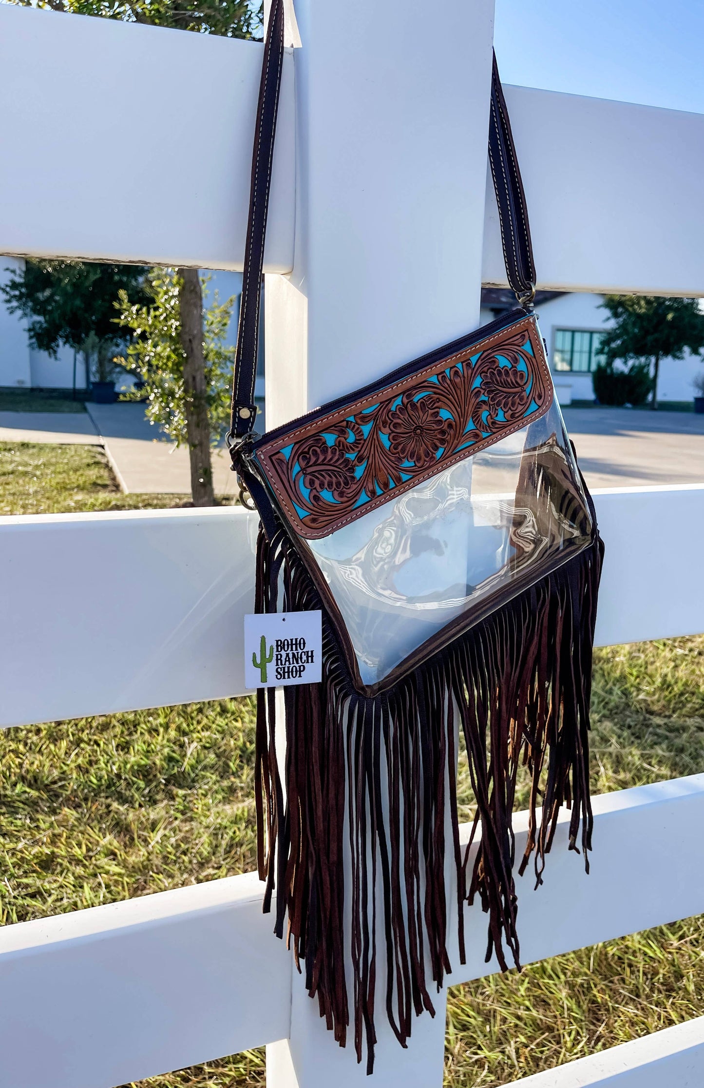 Boho Ranch Shop - Hand Tooled Clear Purse Crossbody - Concert Game Day Stadium - WHITE/ BLACK