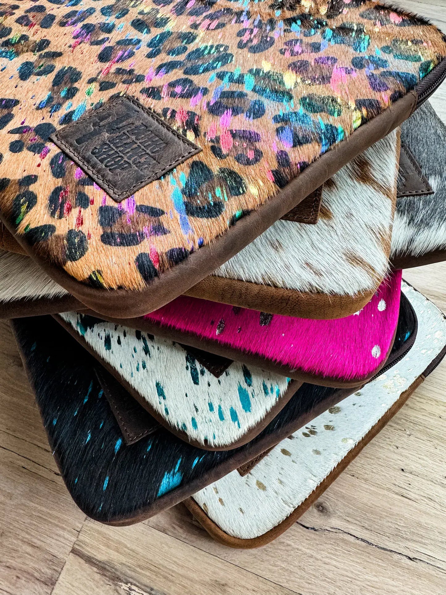 Boho Ranch Shop - Cowhide Laptop Computer Tech Sleeve Pouch - Leather Back - BROWN + TURQUOISE - LARGE