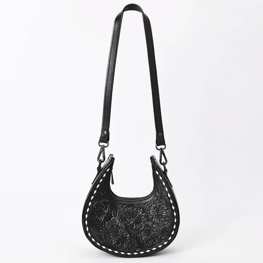 Black Half-Moon Hand-Tooled Leather Crossbody Bag - American Darling