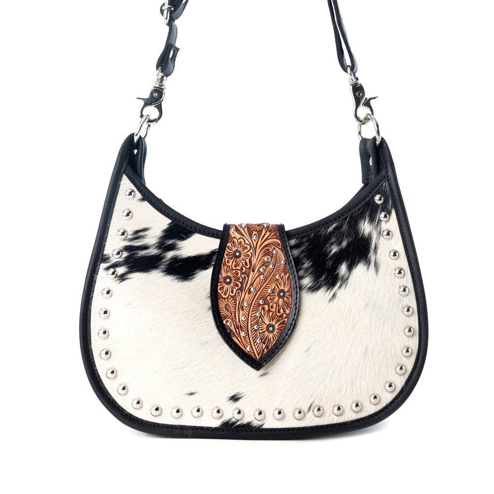 Myra Bag - Santa Fe Handtooled Bag for Women in Black with hairon and studded detail - Black
