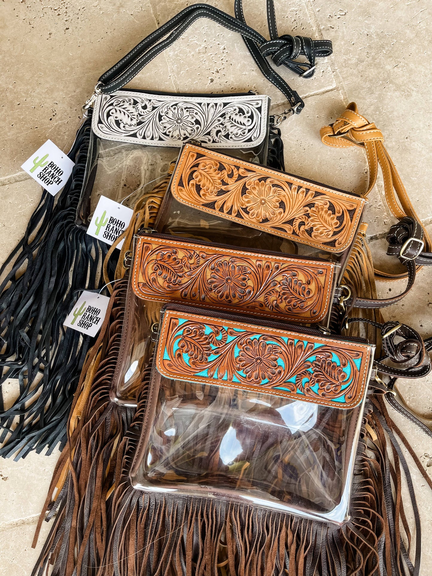 Boho Ranch Shop - Hand Tooled Clear Purse Crossbody - Concert Game Day Stadium - WHITE/ BLACK