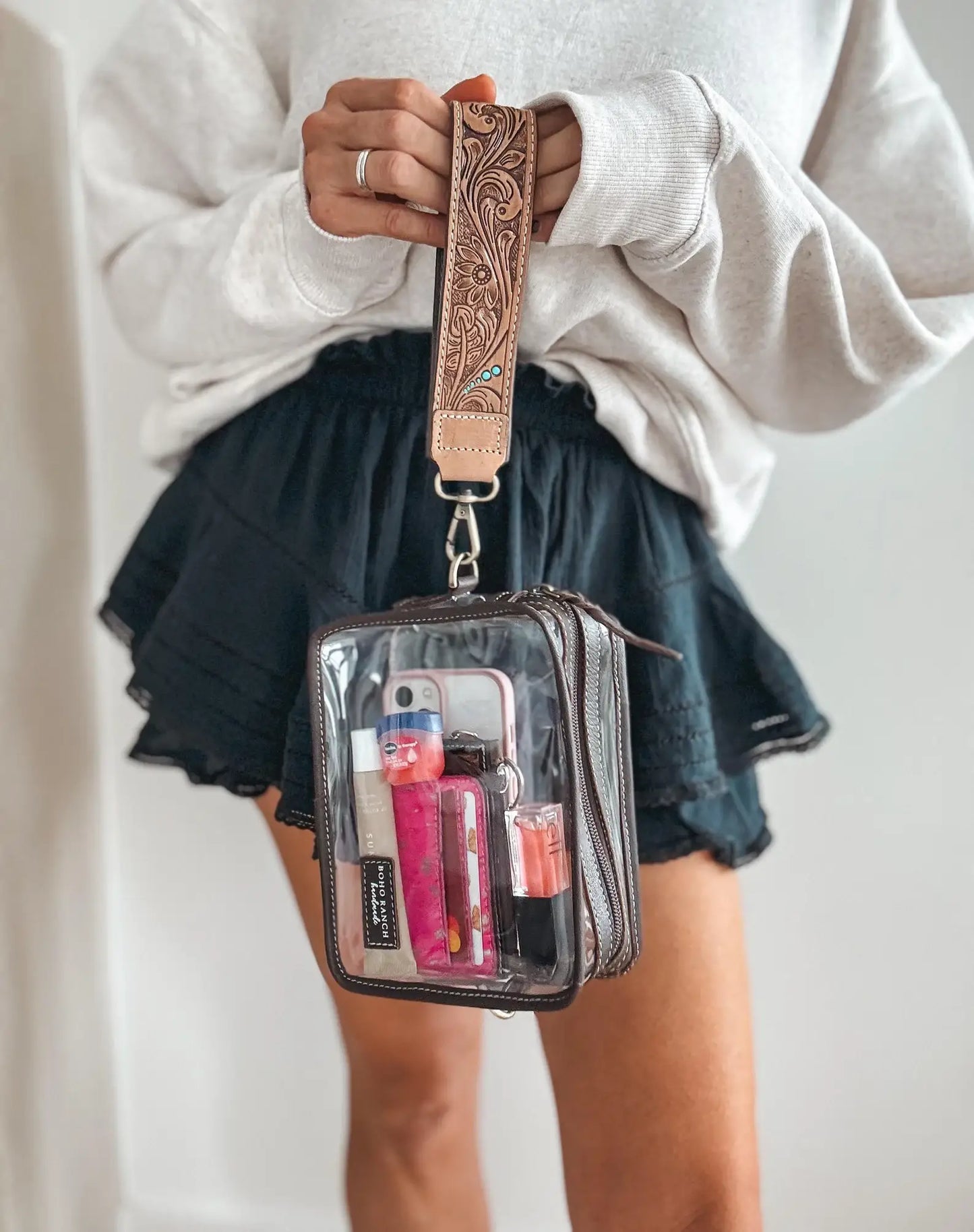 Boho Ranch Shop - DARLA CLEAR WRISTLET | transparent western purse - game day  - BROWN