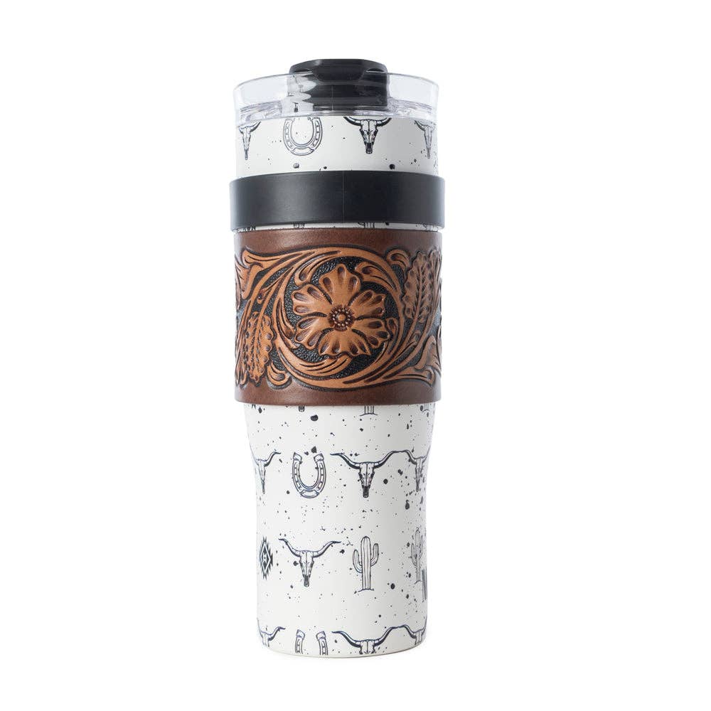 Myra Bag - Westmark Tooled Western Tumbler in White Stainless Steel with Leather Wrap and Handle for Use - WITH TOOLING