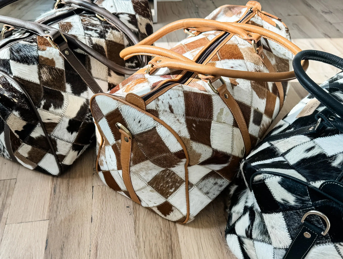 Boho Ranch Shop - BOHO LUXE DUFFLE Weekender Leather HairOn Cowhide Travel Bag - Brown +White Cowhide