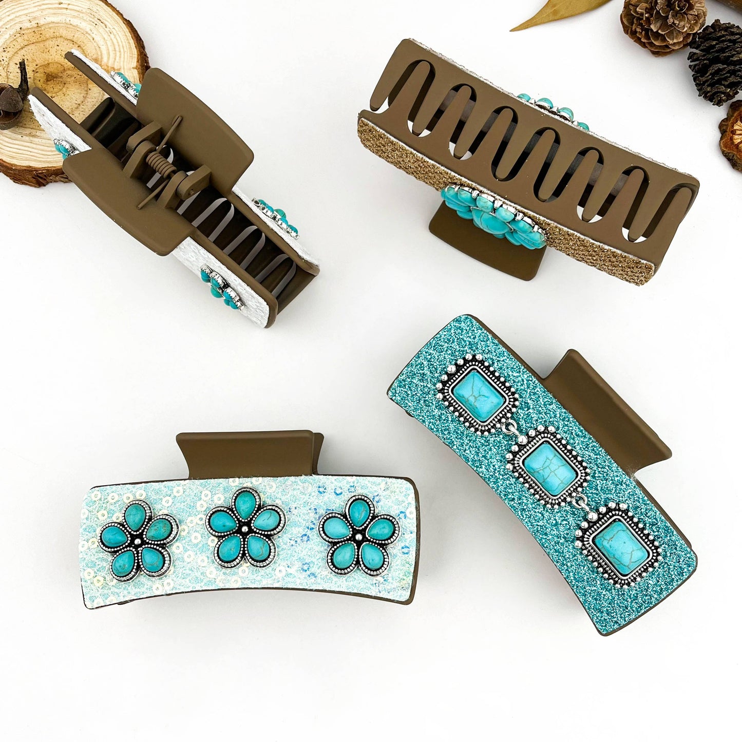 Boho Turquoise Floral PU Rectangle Hair Claw Clip - B