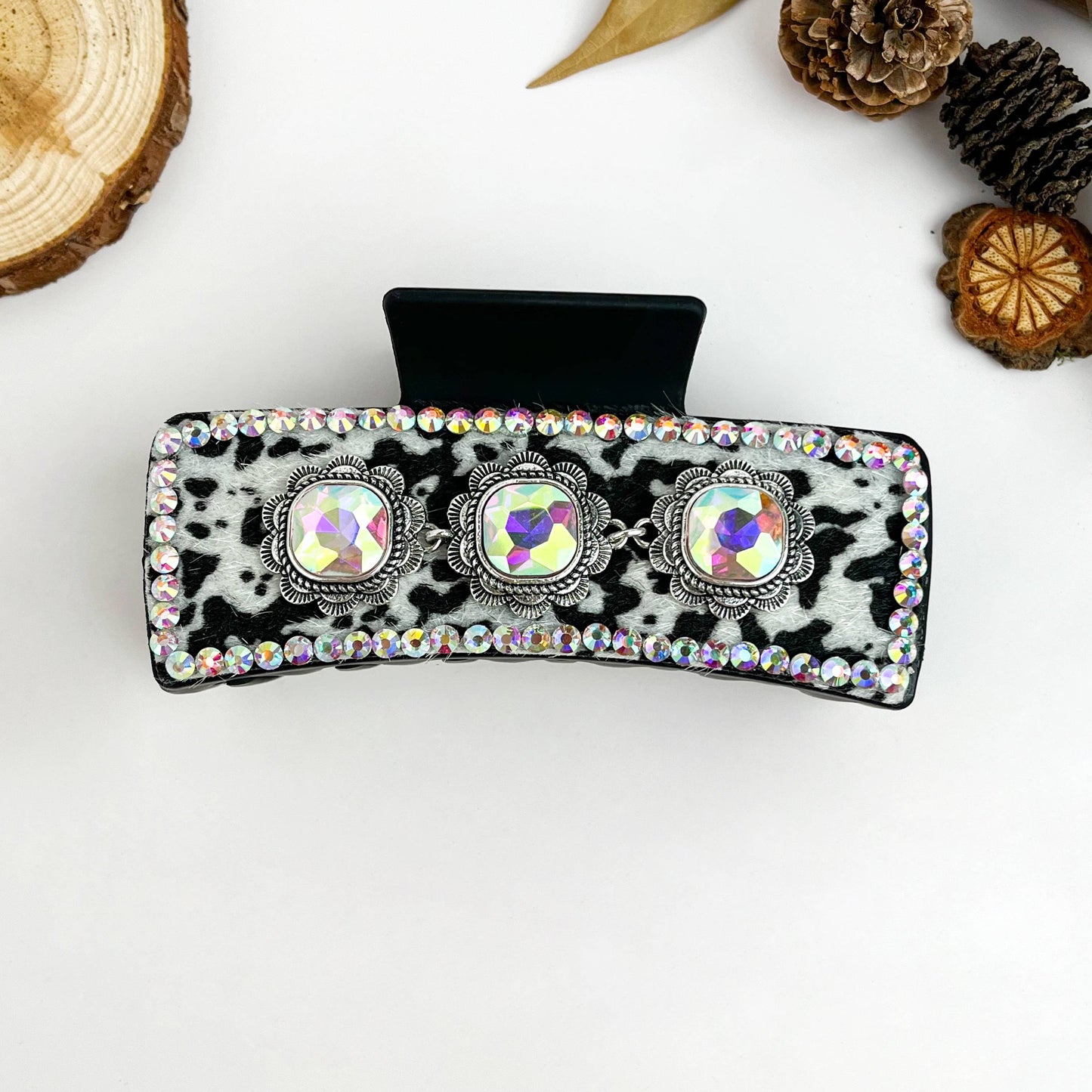 mildstyles - Vintage Western Cowboy Cow Print Rhinestone Hair Claw Clip - A