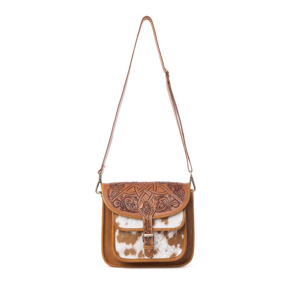 Myra Bag - Cedar Range Handtooled Hairon Buckle Leather Bag in Chestnut Ivory - Chestnut Ivory