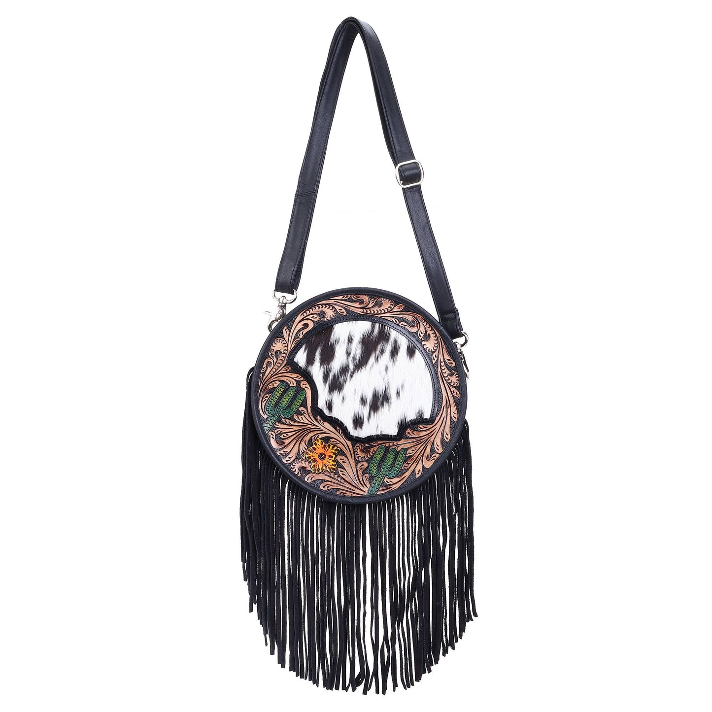 Leather Cowhide Western Hand Tooled Women's Round Crossbody - Free Bird Hand Tooled with Tan White Cowhide Inlay.