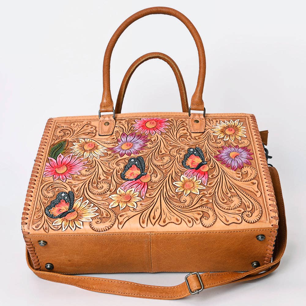ADBG235 American Darling Western Leather Tote Bag - Hand Tooled Floral Carved Braided Purse - ADBG235J