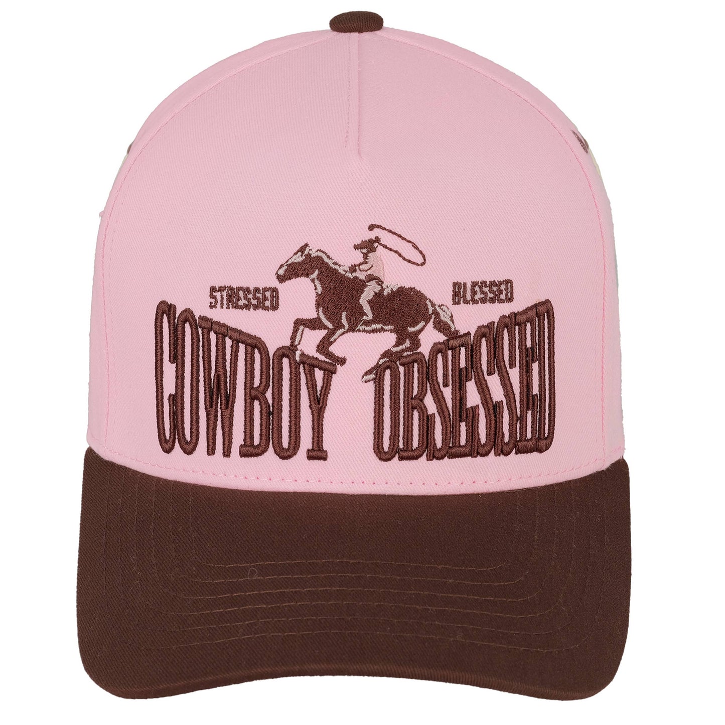 Hana - C.C COWBOY OBSESSED Embroidered Cotton Trucker Cap - Brown/Pink