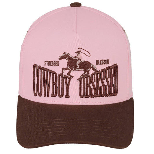 Hana - C.C COWBOY OBSESSED Embroidered Cotton Trucker Cap - Brown/Pink