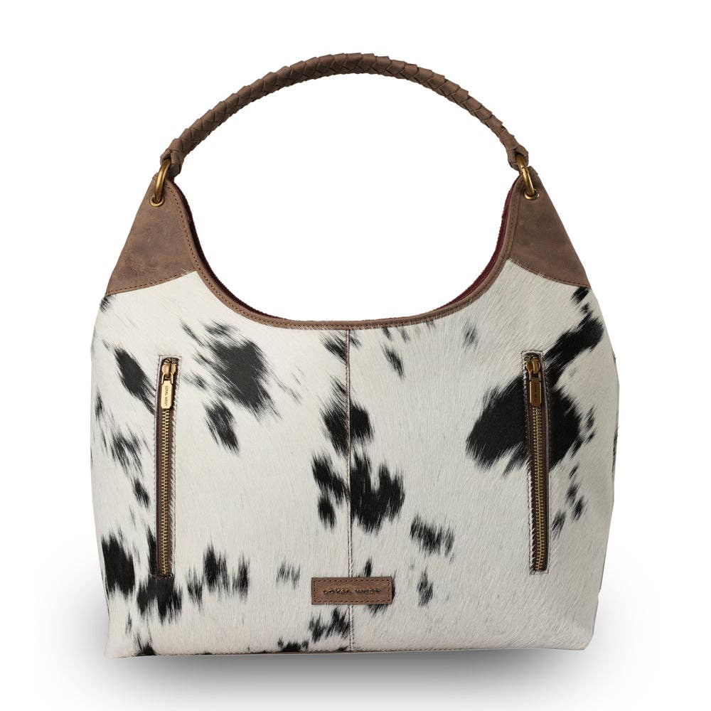 Myra Bag - LW Large Purse - Black & White Cowhide with Oiled Brown Leather - Black & White