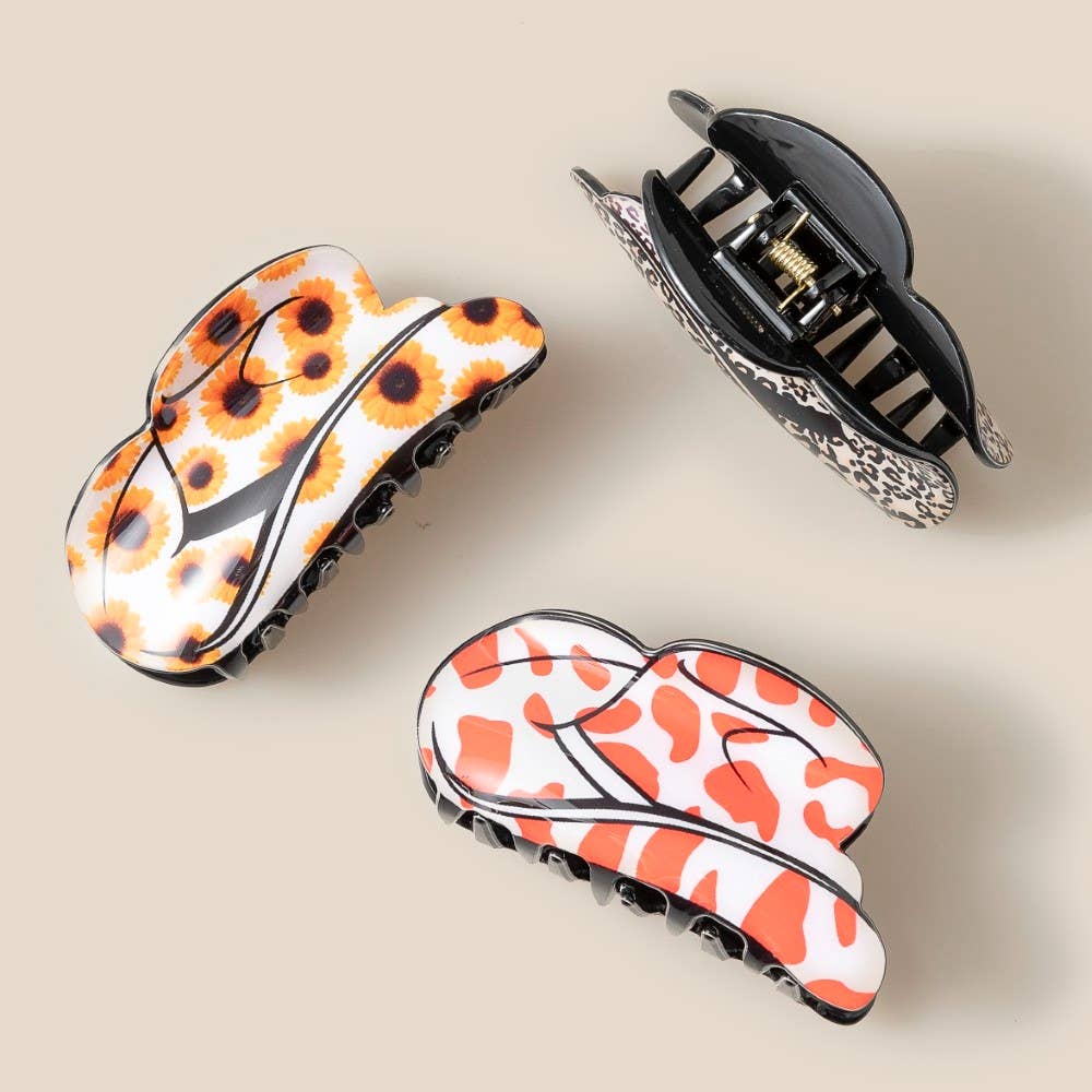Floral Western Cowboy Hat Hair Claw Set - ASSORTED