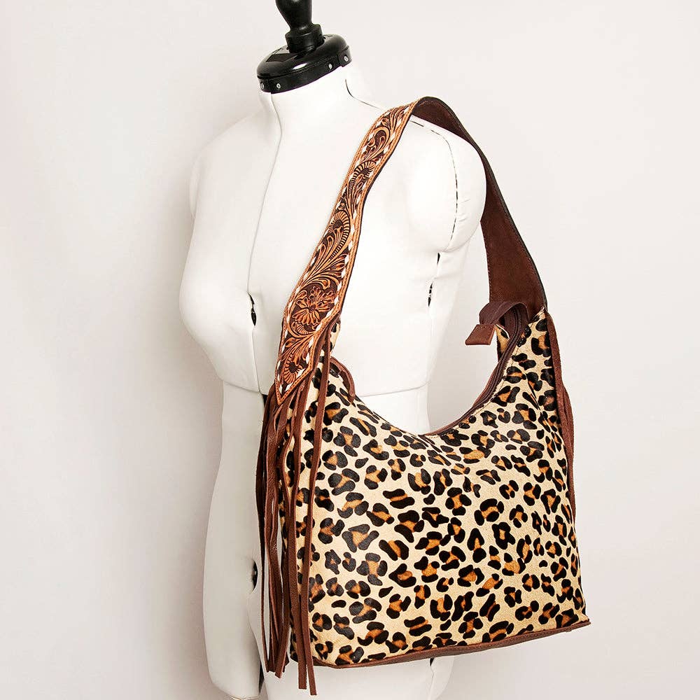 LS Western - ADBGA214 American Darling Cowhide & Tooled Leather Fringe Hobo Shoulder Handbag - ADBGA214C