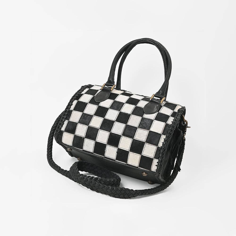LS Western - Hair-On Hide Satchel Bag for Women Checkered Leather Handbag - ADBGM860B