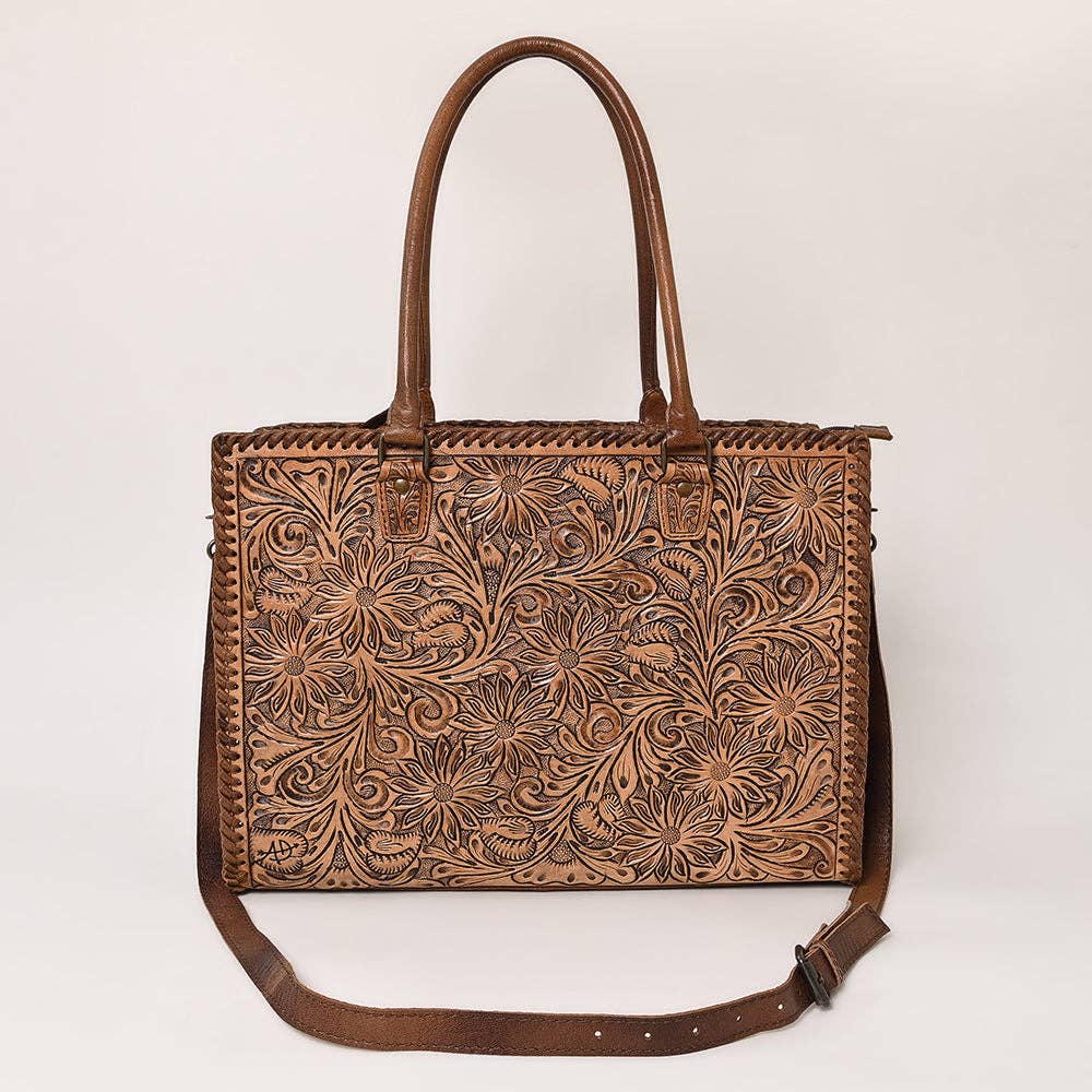 ADBG235 American Darling Western Leather Tote Bag - Hand Tooled Floral Carved Braided Purse - ADBG235J