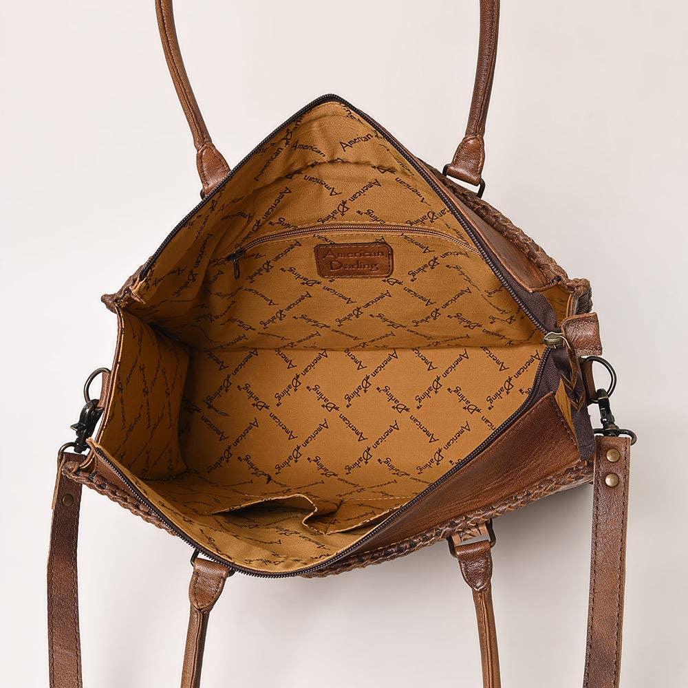 ADBG235 American Darling Western Leather Tote Bag - Hand Tooled Floral Carved Braided Purse - ADBG235J
