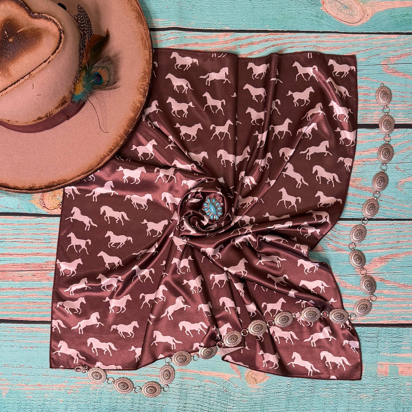 Avery - AVS-6906 HORSES PRINT SILK SQUARE WILD RAG 28X28 - Brown/Ivory