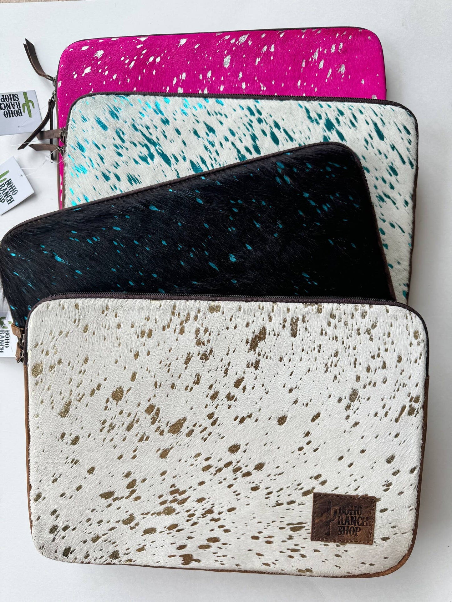 Boho Ranch Shop - Cowhide Laptop Computer Tech Sleeve Pouch - Leather Back - BROWN + TURQUOISE - LARGE