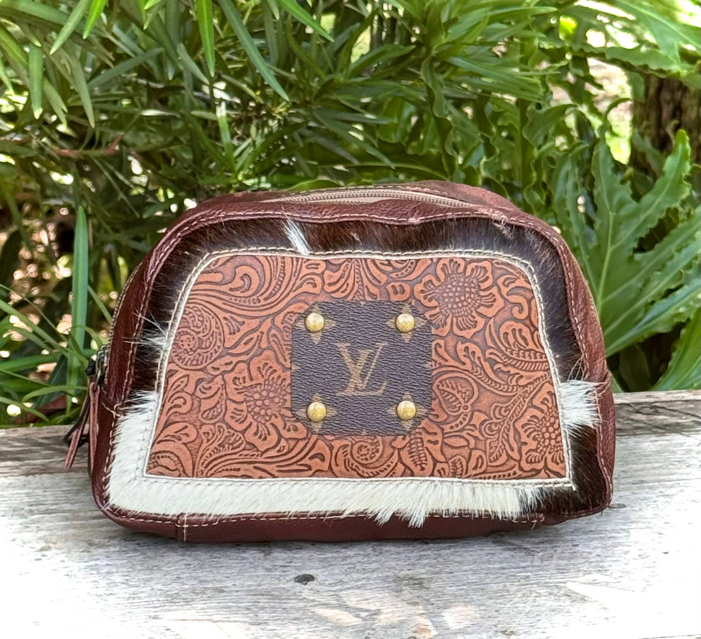 Southern Junkie Gypsy Boutique - Upcycled LV Cowhide Leather Makeup Cosmetic Bag Western 